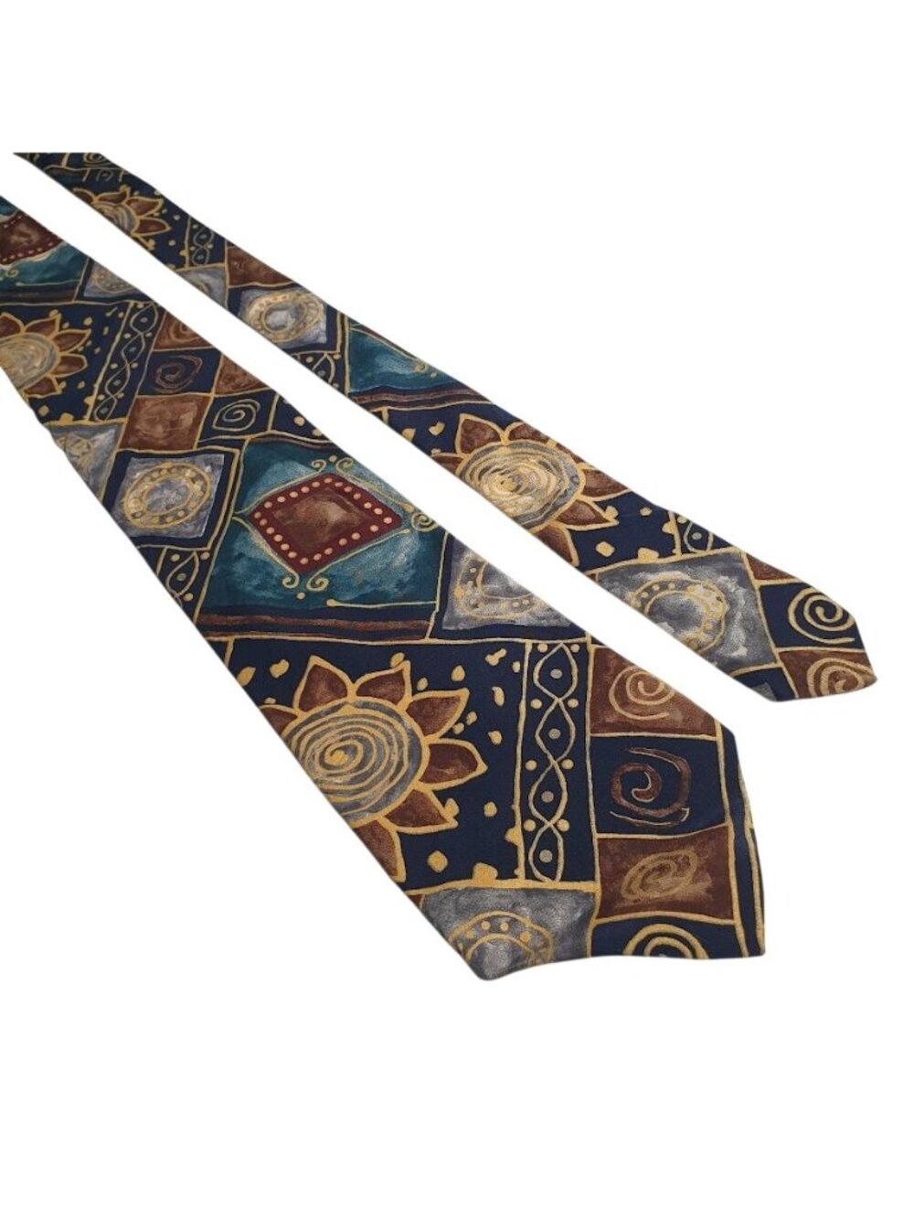 Studio 54 Mens Tie Geometric Sun Moon Print Silk Blue Gold Brown Made USA 56" x